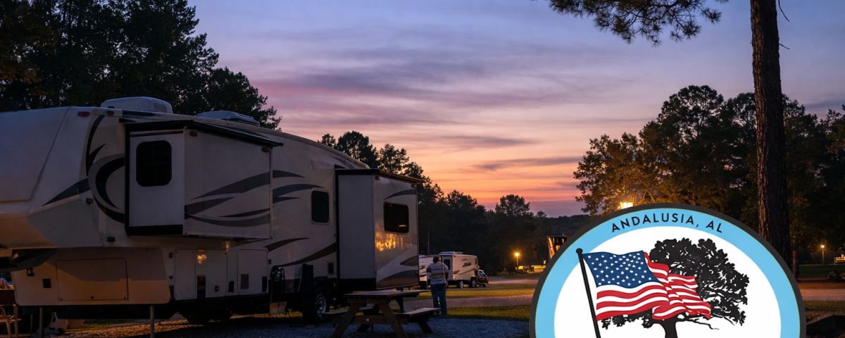 RV parked overnight at The Oaks Family RV Park in Andalusia Alabama