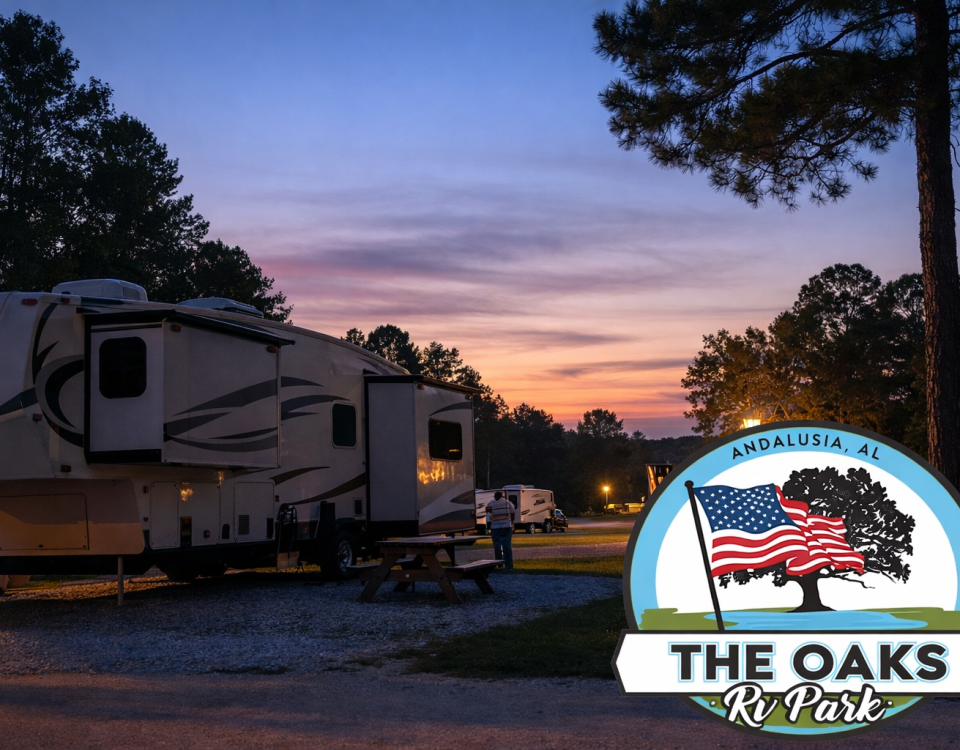 RV parked overnight at The Oaks Family RV Park in Andalusia Alabama