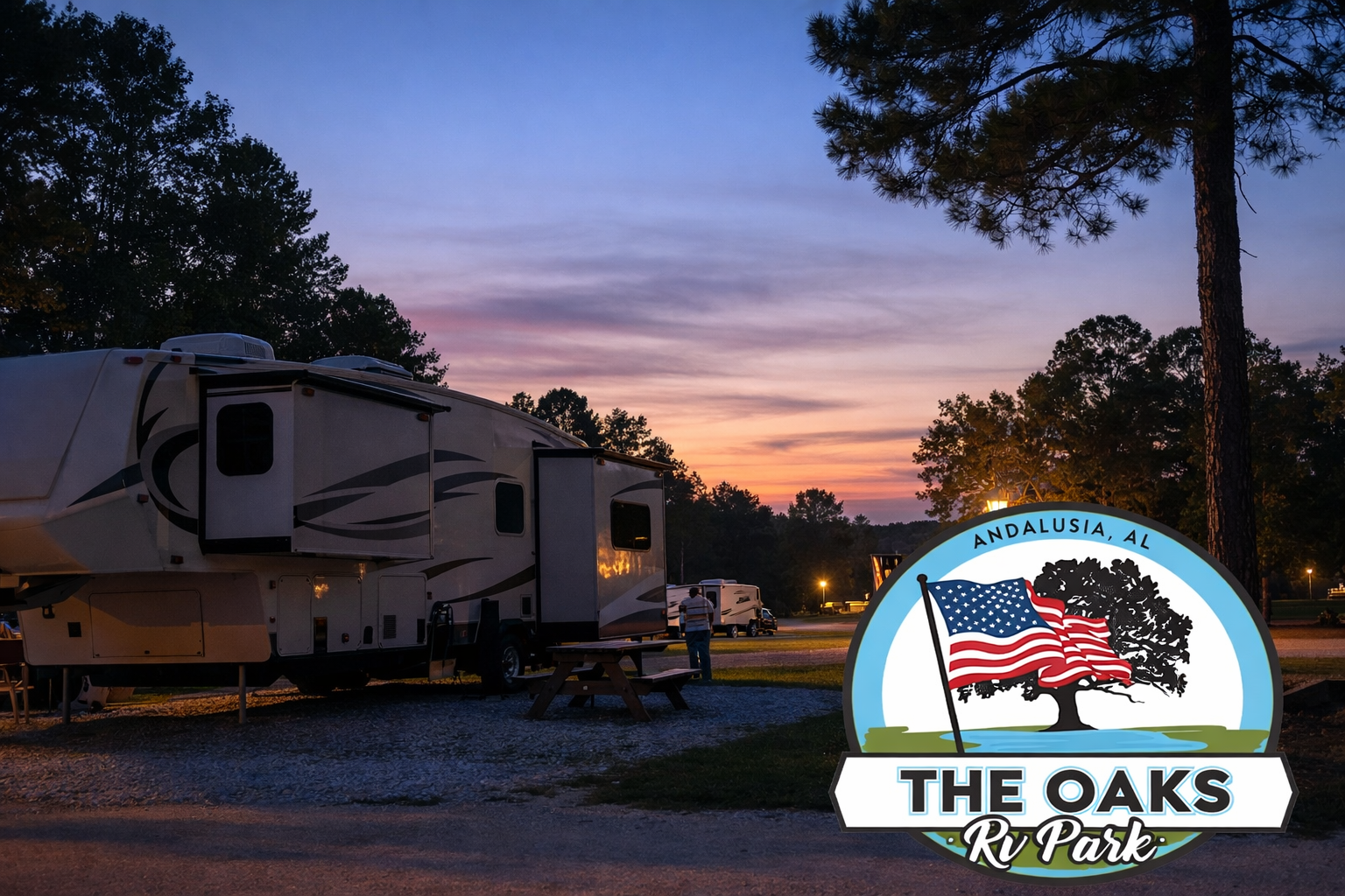 RV parked overnight at The Oaks Family RV Park in Andalusia Alabama