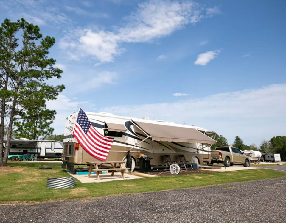 Long-term RV campers settled in at The Oaks Family RV Park in Andalusia Alabama