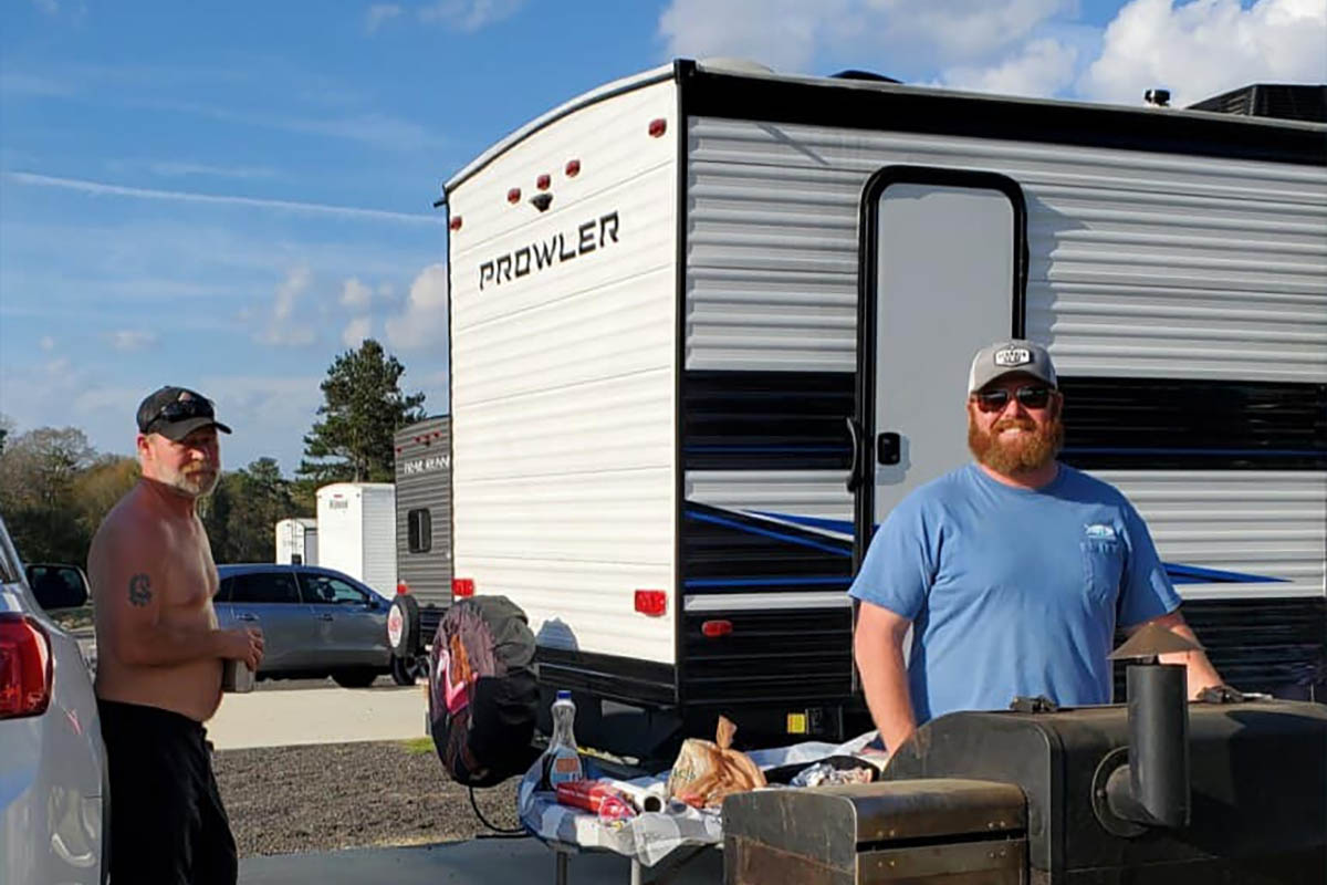 RVs set up for comfortable winter living at The Oaks Family RV Park in Andalusia Alabama