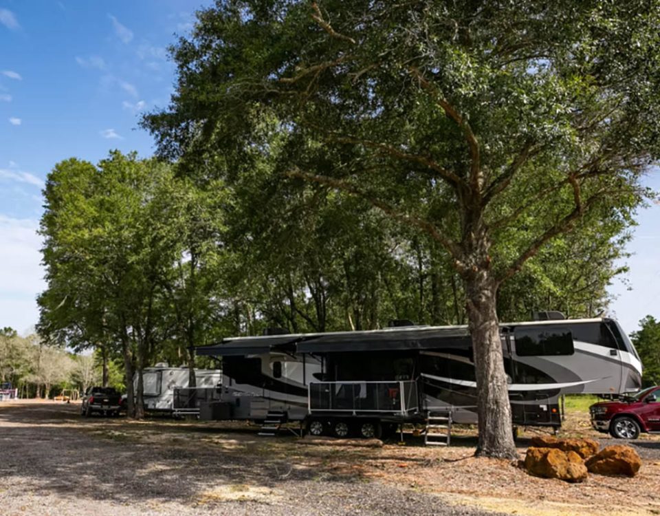 Long-term RV setup at The Oaks Family RV Park in Andalusia Alabama during January
