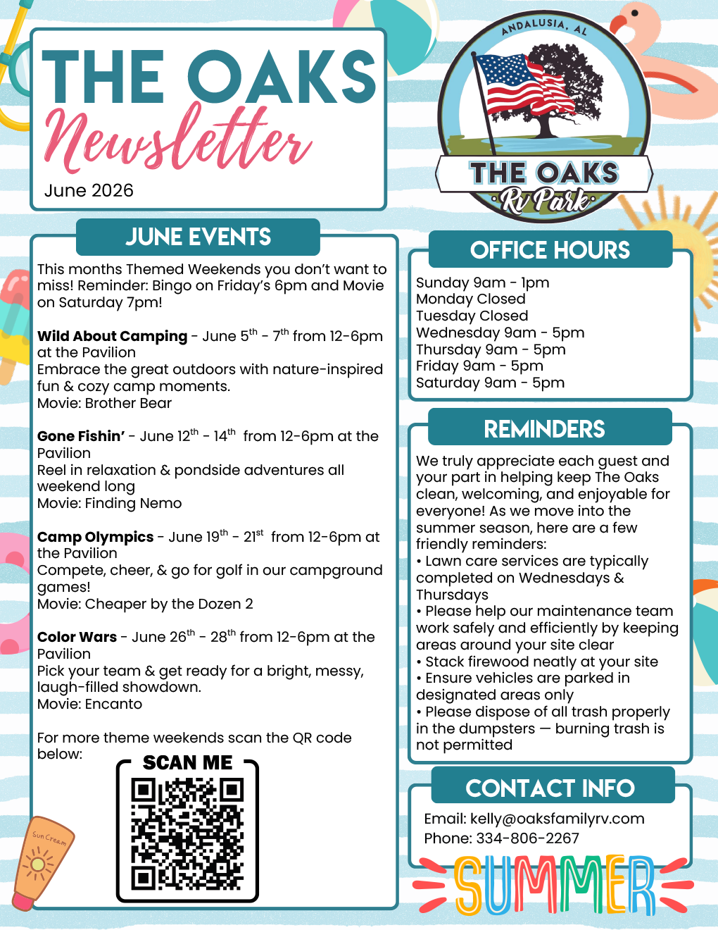 The Oaks RV Park June 2026 Newsletter June 2026 newsletter for The Oaks RV Park featuring summer camping events and themed weekends in Andalusia Alabama