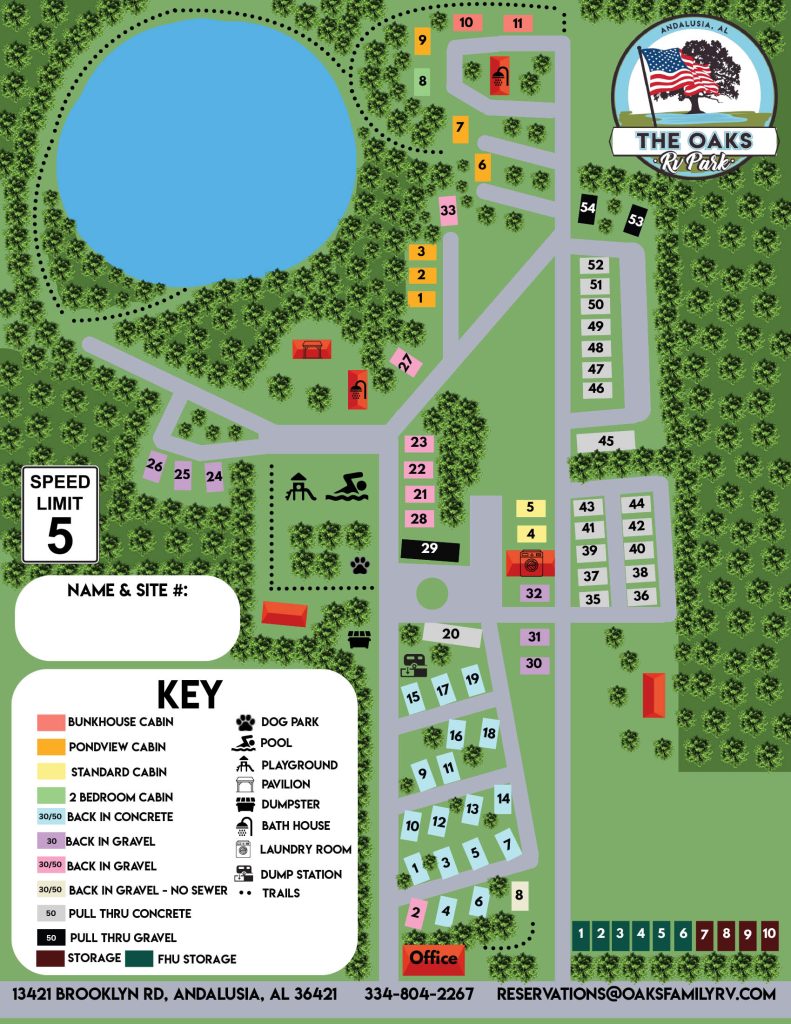 The Oaks RV Park Campground Map – Andalusia, AL RV Sites, Cabins & Amenities Campground map of The Oaks RV Park in Andalusia, Alabama showing RV sites, cabins, pond, pool, playground, dog park, bath house, laundry room, pavilion, office, trails, dump station, storage, and campground roads.