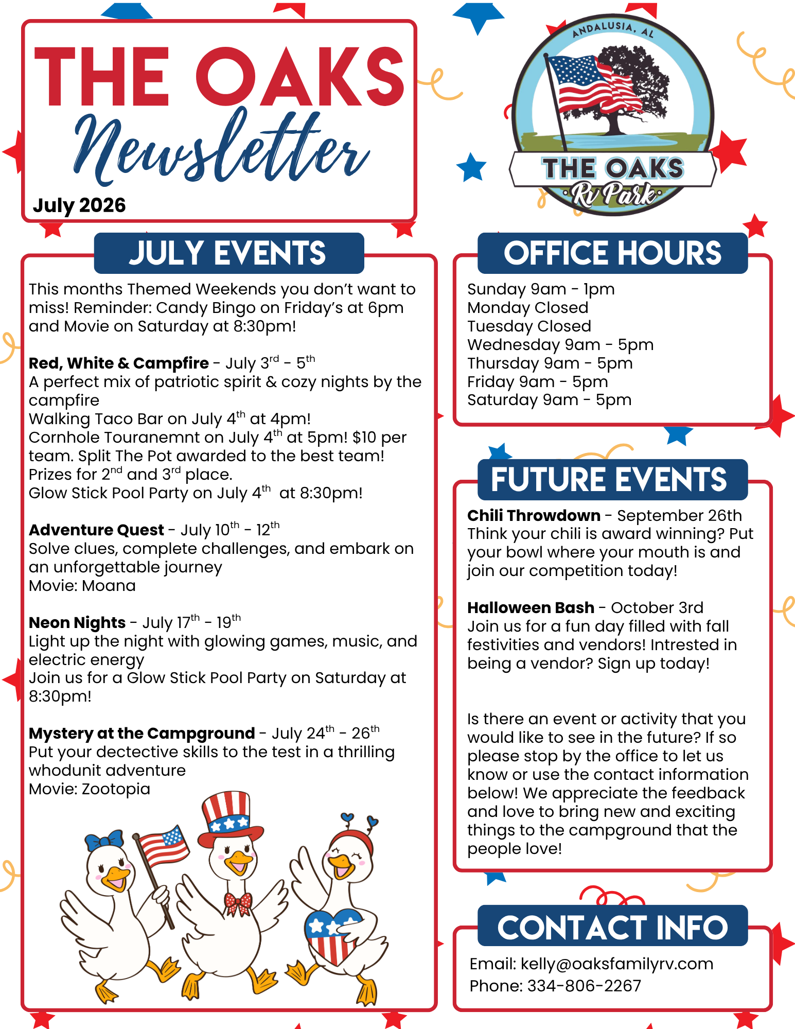 The Oaks RV Park July 2026 Newsletter The Oaks RV Park July 2026 newsletter featuring themed camping weekends, Fourth of July activities, office hours, future events, and campground contact information in Andalusia, Alabama.