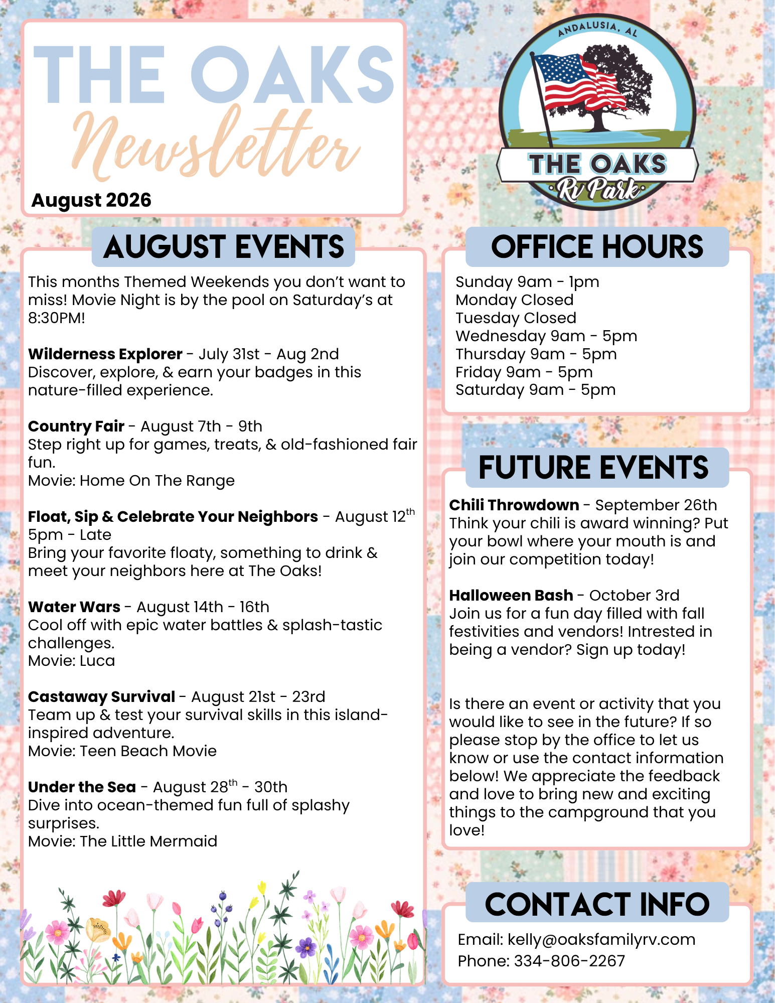 The Oaks RV Park August 2026 newsletter featuring themed weekends, poolside movies, Water Wars, office hours, and upcoming events in Andalusia, Alabama.