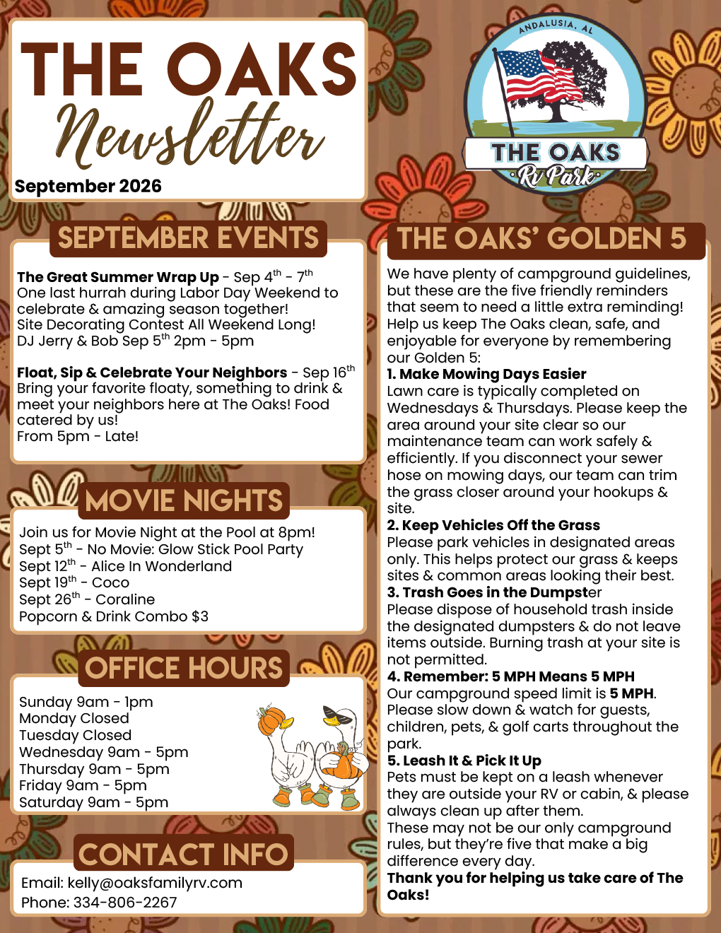 The Oaks RV Park September 2026 newsletter featuring Labor Day weekend events, movie nights, campground reminders, and office hours in Andalusia, Alabama.
