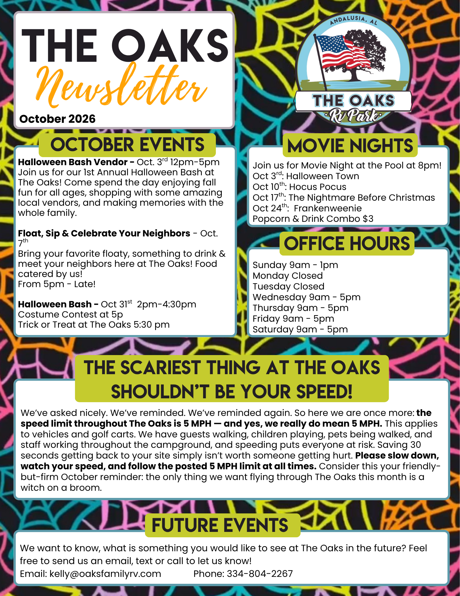The Oaks RV Park October 2026 Newsletter The Oaks RV Park October 2026 newsletter featuring Halloween events, movie nights, campground reminders, office hours, and activities in Andalusia, Alabama.